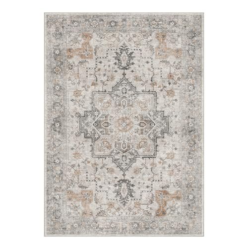513bWEbKQRL._SL500_.jpg GENIMO 8x10 Vintage Area Rug: Machine Washable, Non-Slip, Lightweight Chenille for Living Room, Office, Bedroom, Dining Room in Light Taupe Brown - Image 8