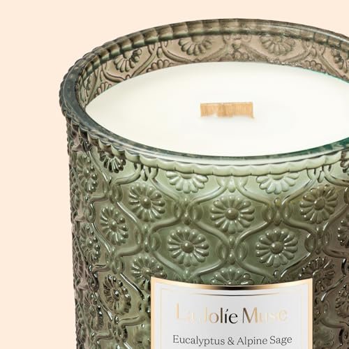 515Q6rAYImL._SL500_.jpg LA JOLIE MUSE Eucalyptus & Alpine Sage Scented Candles: Large 19oz Wood Wick, 90-hour Burn, Decorative Glass, Natural Soy Wax. - Image 6