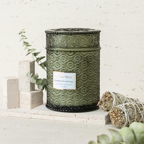 515Trt5QGDL._SL500_.jpg LA JOLIE MUSE Eucalyptus & Alpine Sage Scented Candles: Large 19oz Wood Wick, 90-hour Burn, Decorative Glass, Natural Soy Wax. - Image 2