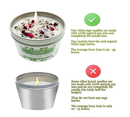 51853ykiLCL._SL500_.jpg TOMOKO White Sage Candle with Sage Leaf, Rose, Lavender, Himalayan Salt & Essential Oils. - Image 6