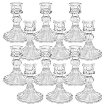 Sudifor 12 Pack Glass Candlestick Holders- Clear Taper Stripe Candle Holders for Candlesticks, 4" H Taper Candle Holders Small Centerpiece for Wedding, Festival, Party & Windowsill Decor