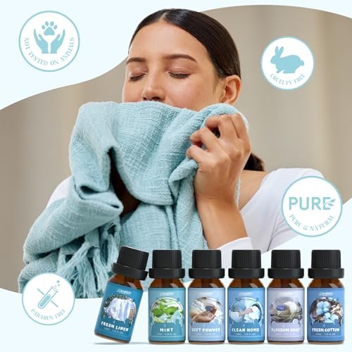 51BJrnpZruL._SL500_.jpg SALUBRITO Premium Clean Fragrance Oils Set for Diffusing, Candles, and Soap Making. Invigorating scents like Fresh Cotton, Mint, and Blossom Soap. - Image 2