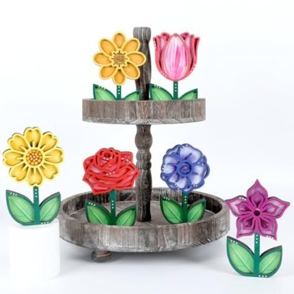 Justforjoyful 6Pcs Flower Spring Wooden Tiered Tray Decor Tulips Office Table Decorations Centerpiece Spring Floral Wood Sign Rustic Farmhouse Vintage Tabletop for Home Desk Shelf Easter Summer Party