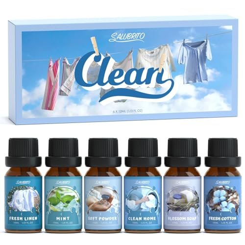 SALUBRITO Premium Clean Fragrance Oils Set for Diffusing, Candles, and SALUBRITO Clean Fragrance Oils Set, Premium Essential Oils Set for Diffuser, Candle, Soap Making, Fresh Cotton, Clean Home, Fresh Linen, Soft Powder, Blossom Soap, Mint, Strong Scented Oils