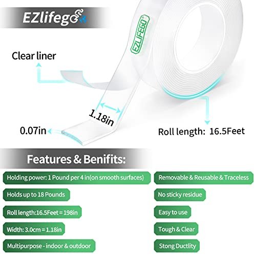 51KiPCtzDZL._SL500_.jpg EZlifego Heavy Duty Double-Sided Tape (16.5FT) - Nano Adhesive for Wall Decor and Picture Hanging. - Image 2