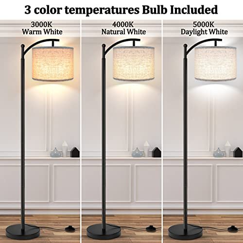 51KqIoEVlbL._SL500_.jpg ROTTGOON Industrial Floor Lamp with 3 Color Temperatures, 9W LED Bulb & Beige Shade, Ideal for Living Room, Bedroom, or Office. Black Finish. - Image 2