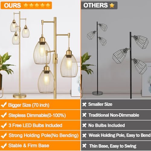 51OxJLD7AlL._SL500_.jpg Dimmable Gold Tree Floor Lamps with 3 Teardrop Cage Heads - 800 Lumens LED for Living Room & Office - Image 2