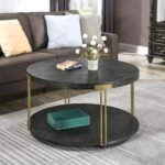 Ripros 35 Inch Round Coffee Table with Wheels, 2-Tier Modern Rustic Sofa Table, Industrial Living Room Accent, Textured Wooden Top & Golden Metal Legs, Black