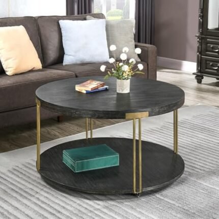 Ripros 35 Inch Round Coffee Table with Wheels, 2-Tier Modern Rustic Sofa Table, Industrial Living Room Accent, Textured Wooden Top & Golden Metal Legs, Black
