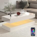 Uspeedy 47.3IN High Glossy LED Coffee Table,APP LED Lights,Black/White, Modern Furniture for Living Room (White)