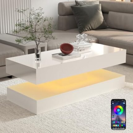 Uspeedy 47.3IN High Glossy LED Coffee Table,APP LED Lights,Black/White, Modern Furniture for Living Room (White)