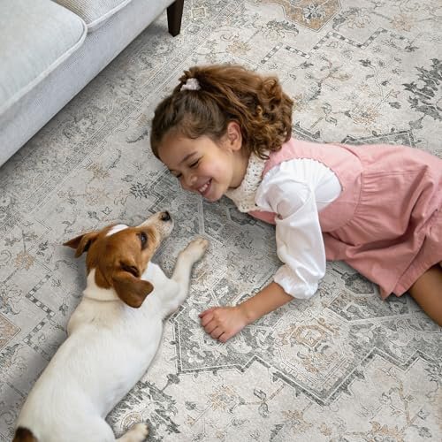 51X0oDsm9iL._SL500_.jpg GENIMO 8x10 Vintage Area Rug: Machine Washable, Non-Slip, Lightweight Chenille for Living Room, Office, Bedroom, Dining Room in Light Taupe Brown - Image 4