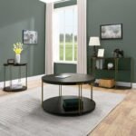 Ripros 35-Inch Round Coffee Table with Wheels, 2-Tier Rustic Design, Textured Wood & Gold Legs - Image 4