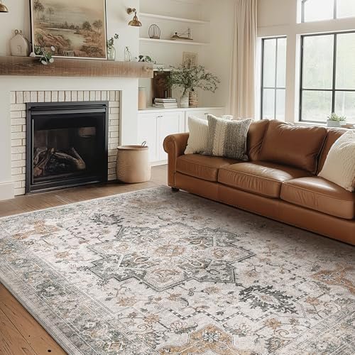 51aKV5rfpL._SL500_.jpg GENIMO 8x10 Vintage Area Rug: Machine Washable, Non-Slip, Lightweight Chenille for Living Room, Office, Bedroom, Dining Room in Light Taupe Brown - Image 10