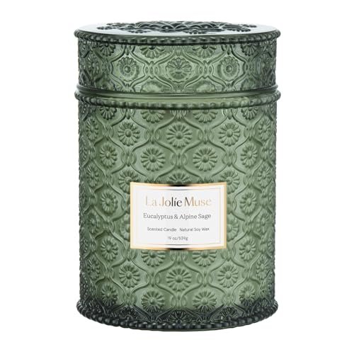 LA JOLIE MUSE Eucalyptus & Alpine Sage Scented Candles: Large LA JOLIE MUSE Scented Candles Eucalyptus & Alpine Sage, Large Wood Wicked Candles, Decorative Candles in Glass, Natural Soy Wax, 90 Hours Long Burning, 19oz