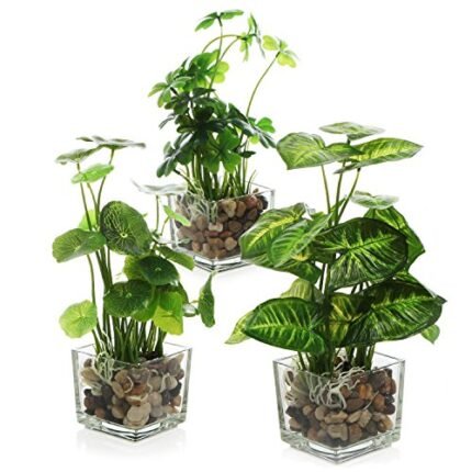 MyGift Set of 3 Small Fake Plants, Artificial Faux Potted Plants Indoor in Clear Glass Pot, Faux Plant Decor for Room Decorations