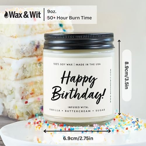 51iEEG6zw1L._SL500_.jpg Wax & Wit Birthday Gifts for Women - Happy Birthday Candle, Vanilla & Buttercream, 9oz, 50 Hour Burn - Image 4