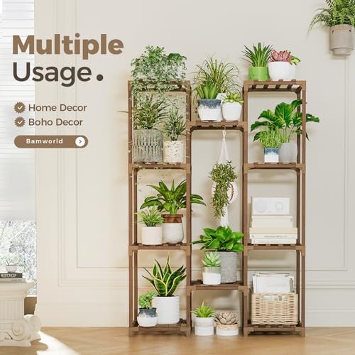 51lZAz1GinL._SL500_.jpg Bamworld Indoor/Outdoor Tall Plant Stand - Wood Shelf for Multiple Pots, Ideal for Living Room, Patio, or Garden. Brown. - Image 4