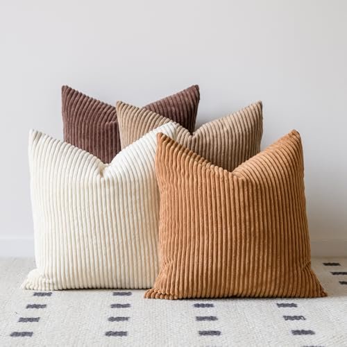 Set of 4 LANANAS 18x18 Inch Neutral Couch Throw Pillow LANANAS Neutral Couch Throw Pillow Covers 18x18 Inch Set of 4 Decorative Farmhouse Boho Throw Pillows for Living Room, Couch, Bed, Sofa Soft Corduroy Accent Home Decor (Neutral Brown, 18x18 Inch)