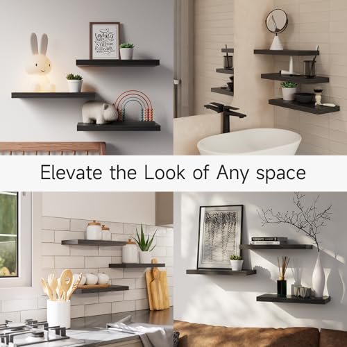 51o3kG5ryPL._SL500_.jpg BAYKA Floating Wall Shelves - Rustic Black Wood Shelves for Bathroom, Bedroom, Living Room, Kitchen (Set of 3, 15.7in) - 22lbs Capacity for Books & Decor. - Image 6