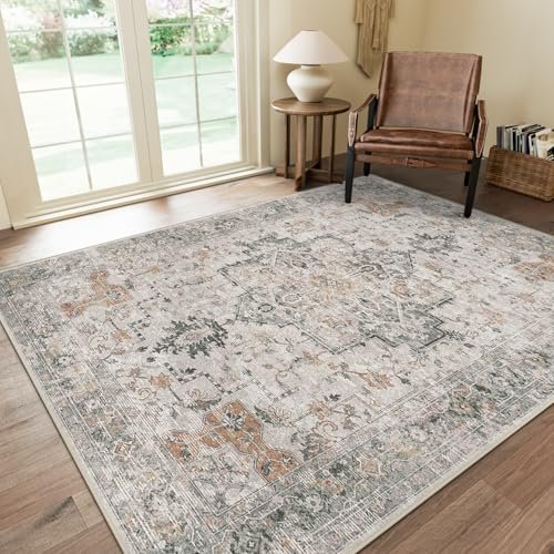 GENIMO 8x10 Vintage Area Rug: Machine Washable, Non-Slip, Lightweight Chenille GENIMO 8x10 Area Rugs for Living Room, Machine Washable Non Slip Vintage Rugs, Low Pile Lightweight Chenille Print Rug for Bedroom, Dining Room, Home Office, Light Taupe Brown