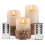 AKU TONPA Flameless Candles Battery Operated Pillar Real Wax Electric LED Candle Gift Set with Remote Control and Timer, 4" 5" 6" Pack of 3 (Ivory Wax with Hemp Rope)