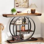 Tribesigns 41.3" Console Table, Industrial 4-Tier Sofa Table Entryway Table with Circle Base, Narrow Wood Accent Tables with Storage Shelves for Living Room, Hallway, Foyer, Rustic Brown