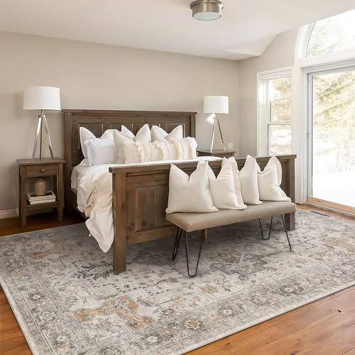 51xWBJTPEXL._SL500_.jpg GENIMO 8x10 Vintage Area Rug: Machine Washable, Non-Slip, Lightweight Chenille for Living Room, Office, Bedroom, Dining Room in Light Taupe Brown - Image 3