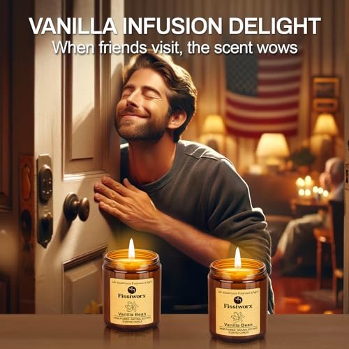 51xeRWVEML._SL500_.jpg Fissiworx Vanilla Scented Candle Set (2 Pack) - Odor Eliminating, Stress Relief, 15oz, 110 Hours, Long-Lasting Soy Wax Gift for Women. - Image 4