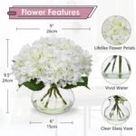 Hollyone White Hydrangea Artificial Flowers in Glass Vase with Faux Water for Home Decor. - Image 2