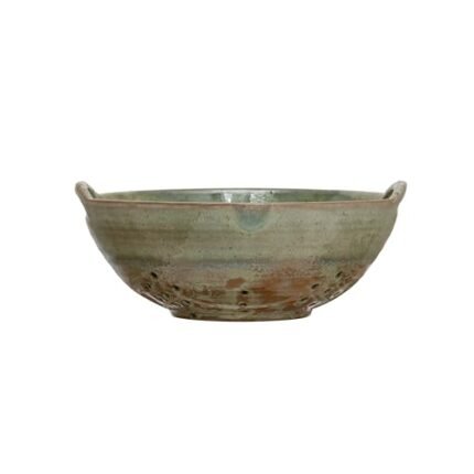Creative Co-Op Stoneware Berry Bowl with Handles, Aqua Reactive Glaze, 8.5"L x 7.75"W x 3.25"H, Multicolor