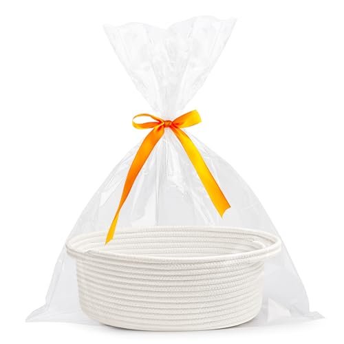 Pro Goleem Small Woven Basket – Ideal for Mother’s Day Pro Goleem Small Woven Basket with Gift Bags and Ribbons Durable Baskets for Mother's Day Gifts Empty Small Rope Basket for Storage 12"X 8" X 5" Baby Toy Baskets with Handles, White