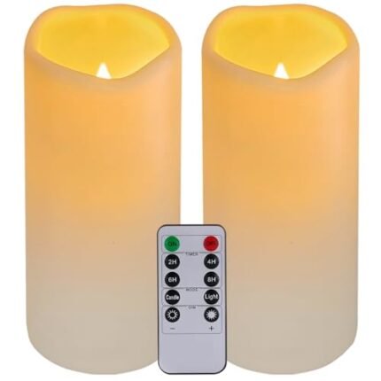 xiangpeng Flickering Flameless LED Candles with 10-Key Remote & Timer, Waterproof Outdoor Indoor f Battery Operated Candles for Home/Wedding/Festival Décor Set of 2 (D3 x H5.5) Ivory