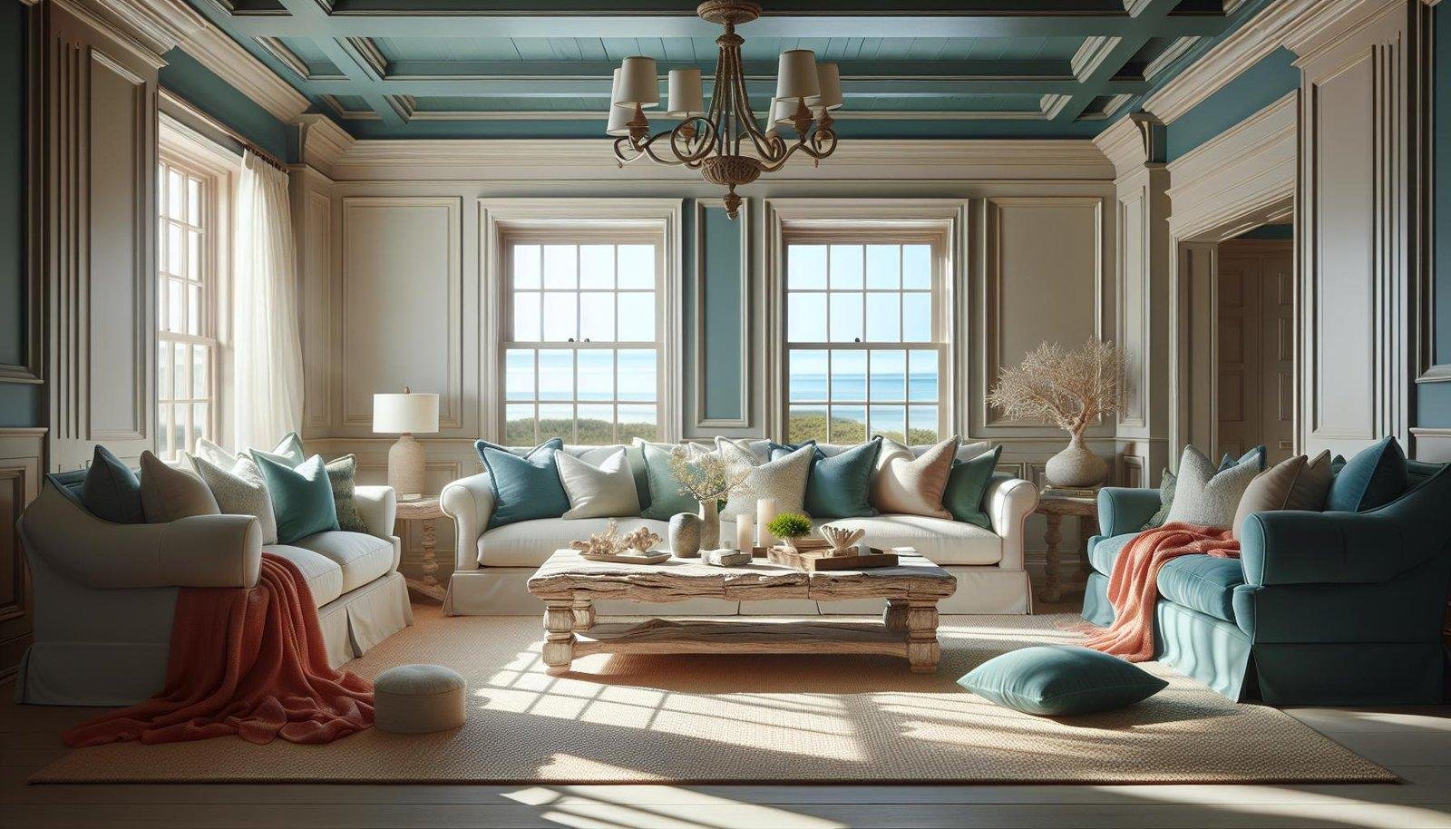 What are some popular colors for a traditional coastal living room?