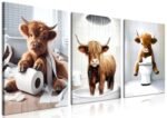 Funny Bathroom Highland Cow Wall Art, Brown Cute Cow Animal Canvas Posters Prints Set of 3, Vintage Rustic Farmhouse Home Pictures Wall Decor Painting for Bathroom Restroom Framed 12x16 Inch