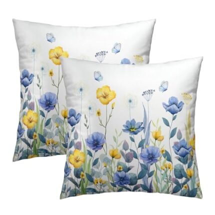 Imiss Blue Yellow Flowers Pillow Covers 18x18 Inch Set of 2, Poppy Floral Square Cushion Covers Spring Summer Seasonal Decor Pillowcase for Living Room Sofa Bedroom