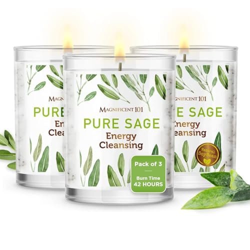 Discover the Magnificent 101 Set: 3 Long-Lasting Pure Sage Smudge Magnificent 101 Set of 3 Long Lasting Pure Sage Smudge Candles - 42-Hour Burn, 3.5 Oz Each, Soy Wax, Sage Cleansing for House Energy, Meditation & Manifestation