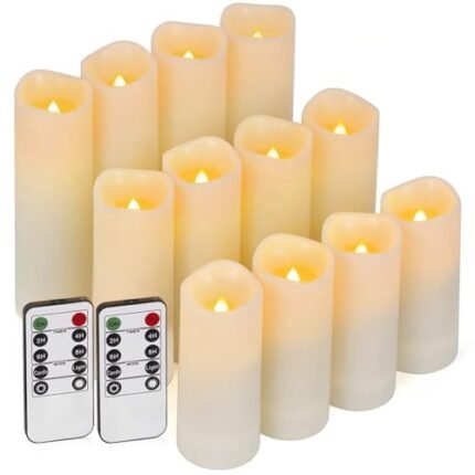 Enido 12 Pc Flameless LED Candles with Remote & Timer, Outdoor Waterproof, Flickering Electric Warm Lights for Cozy Home & Holiday Romantic Decor, Battery Operated (D 2.2” x H 4”/5”/6”