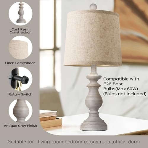 41GmdHCVeRL._SL500_.jpg PARTPHONER Rustic Table Lamp Set of 2 - 22" Vintage Lamps for Living Room & Bedroom, Antique Grey with Linen Shades - Image 4