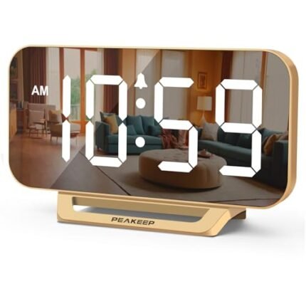 Peakeep Slim Digital Mirror Aesthetic Alarm Clock for Bedrooms Desk - Plug in Electric Big LED Modern Decorative Small Clock for Office Living Room, Battery Backup, 6 Dimmers (Gold)