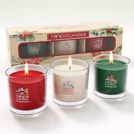 TRINIDa Scented Candles Gift, 3 Holiday Candles for Home Scented, Balsam Fir & Apple & Pine Candle Set | Green, Red, White, 6.5 Oz
