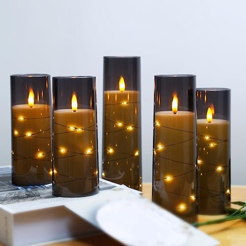 41O7G9GgQcL._SL500_.jpg Kakoya Flameless LED Candles with Timer - 5 Flickering Candles for Romantic Home Decor, Grey Acrylic Shell with Star String, Battery Operated - Image 4