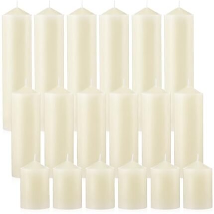 MTLEE 18 Pcs Set of 3 Pillar Candles Bulk 2 in x 3, 6, 8 Long Burning Clean Unscented Smokeless Pillar Candles for Wedding Emergency Lanterns Ceremony Party(Ivory White)