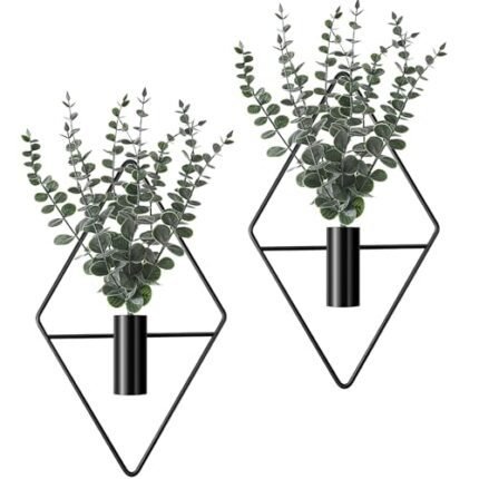 Jexine 2 Pcs Hanging Planters with Artificial Eucalyptus Metal Hanging Vase Indoor Plants Holder Modern Geometric Boho Wall Decor for Living Room Home Office(Black)