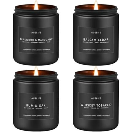 Scented Candles Set | Candle Gifts for Men - Masculine Candle, Soy Candles for Home Scented - 4 Pack Aromatherapy Gifts - Scents of Teakwood & Mahogany/Whiskey Tobacco/Rum & Oak/Cedar