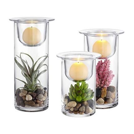 Set of 3 Cylinder Glass Succulent/Decorative Hurricane Candle Holder with Decorative Cobblestones and Artificial Plants (No Candles) - Unique Accent for Home and Table Decorative Christmas Ornaments
