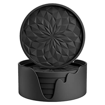 ME.FAN Silicone Coasters with Holder,[6 Pack] Drinking Coasters - Cup Mat for Hot or Cold Drinks, Thickened, Non-Slip, Non-stick,Deep Tray Black