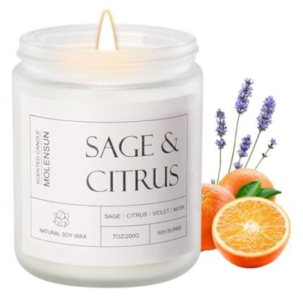 Sage &Citrus Scented Candles, Aromatherapy Jar Candle, 7 oz 50 Hour Long Lasting Candles, Soy Wax Candle Gift for Women