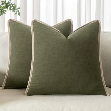 ANRODUO Pack of 2 Decorative Line Soild Throw Pillow Covers Clasic Flange Border Cushion Covers Square Boho Farmhouse Neutral Pillowcase for Couch Sofa Bed Living Room Decor 18x18 Inch Olive Green