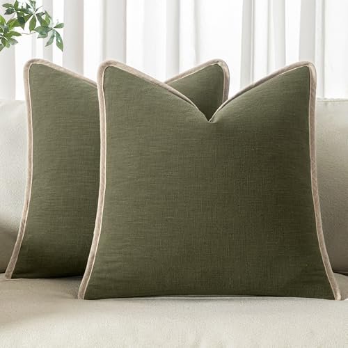 ANRODUO Set of 2 Olive Green Decorative Throw Pillow Covers, ANRODUO Pack of 2 Decorative Line Soild Throw Pillow Covers Clasic Flange Border Cushion Covers Square Boho Farmhouse Neutral Pillowcase for Couch Sofa Bed Living Room Decor 18x18 Inch Olive Green